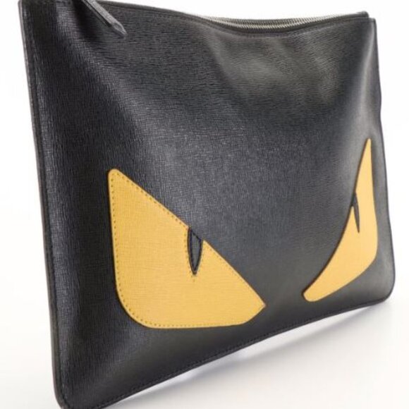 Fendi Vitello Century Monster Eyes Black Leather Zippered Clutch Bag - Picture 1 of 9
